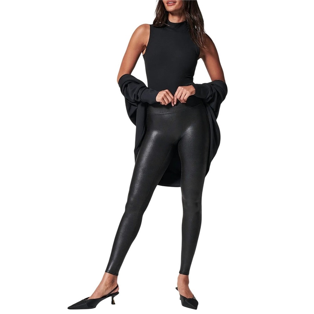 Spanx Faux Leather Leggings Very Black High Waisted Compression Size L